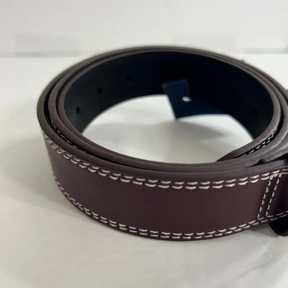 Club‎ Room Double-Stitch Belt Mens Large 38-40 Burgundy Leather Gold Buckle